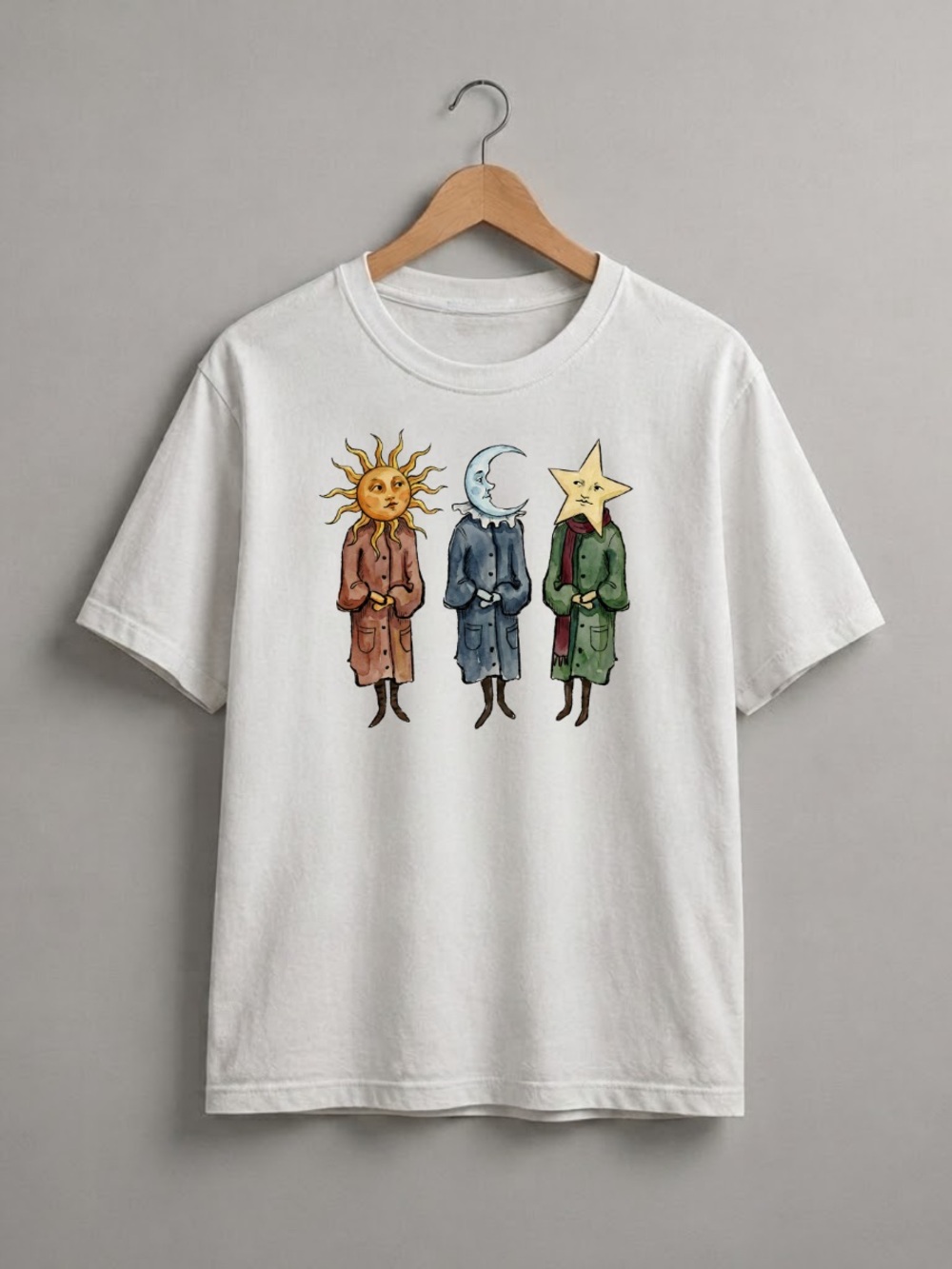 White Tee with Sun Moon Star Trio Graphic